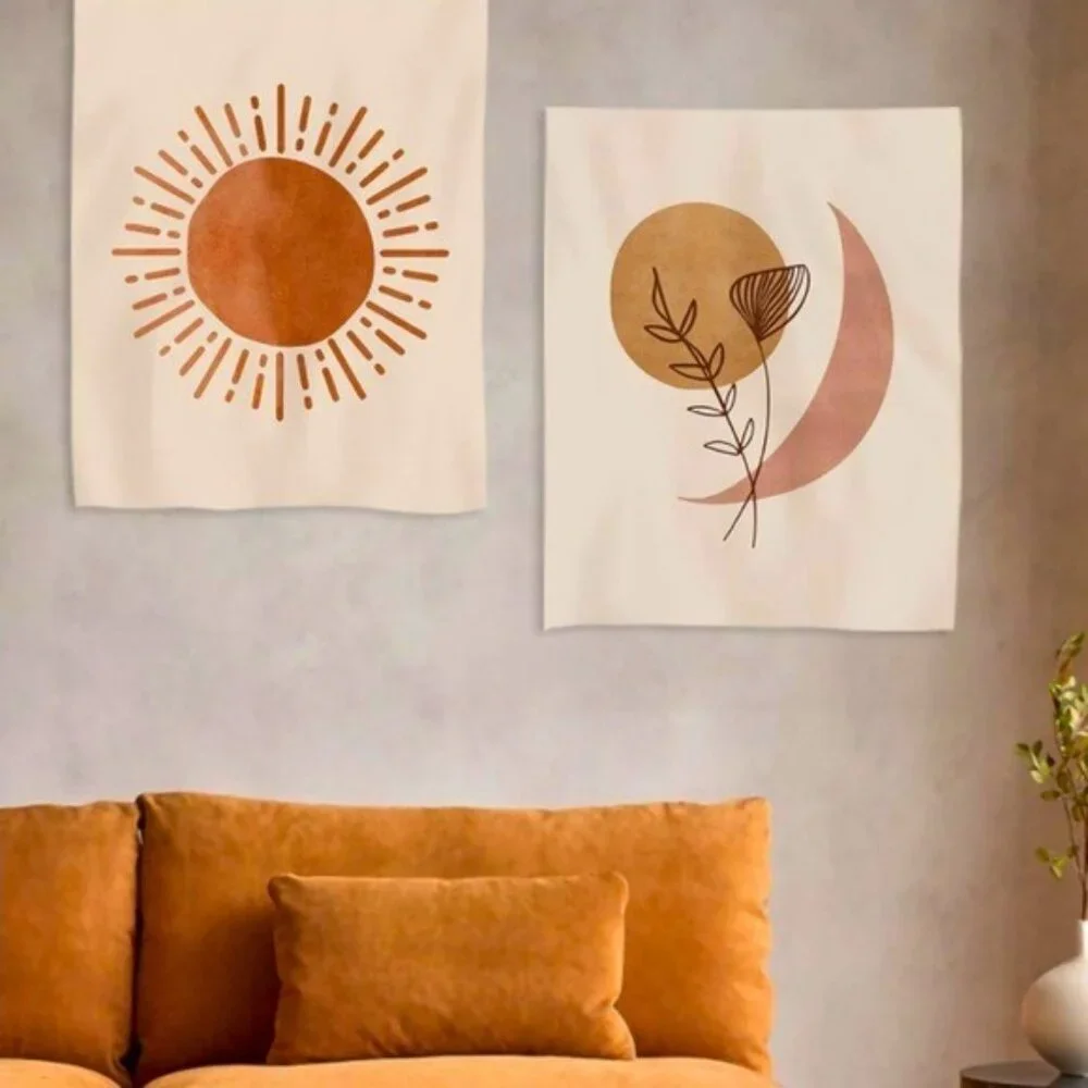 Hippie Set of Floral Moon & Sun Wall Tapestry/Art